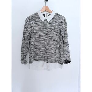 Ann Taylor Knit Sweater Collar Blouse Top Women's Medium Black White Tweed